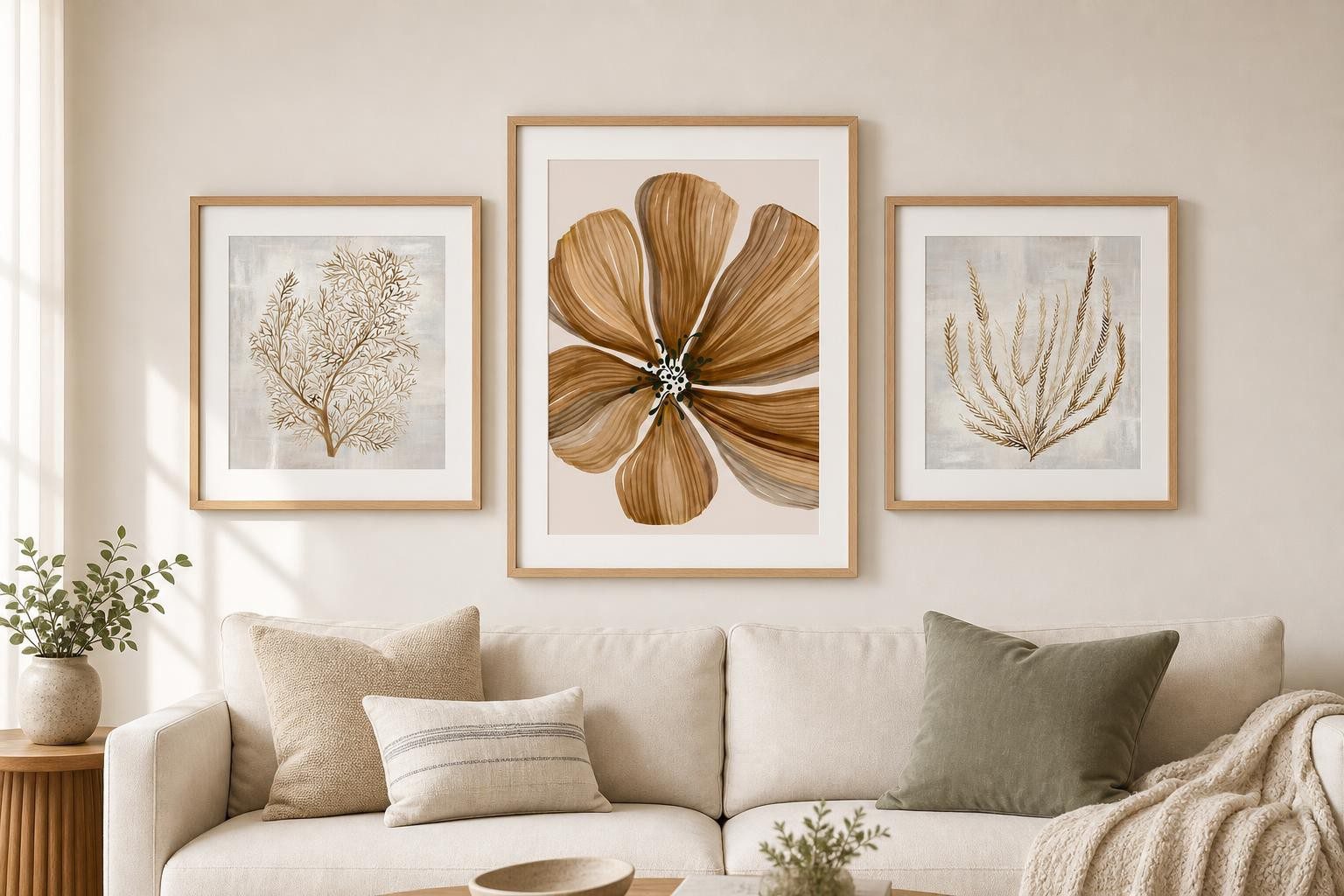 How to Build a Gallery Wall (A Canadian's Guide) 1 Cohesive earth-tone gallery wall of three botanical art prints above a sofa, gallery wall ideas