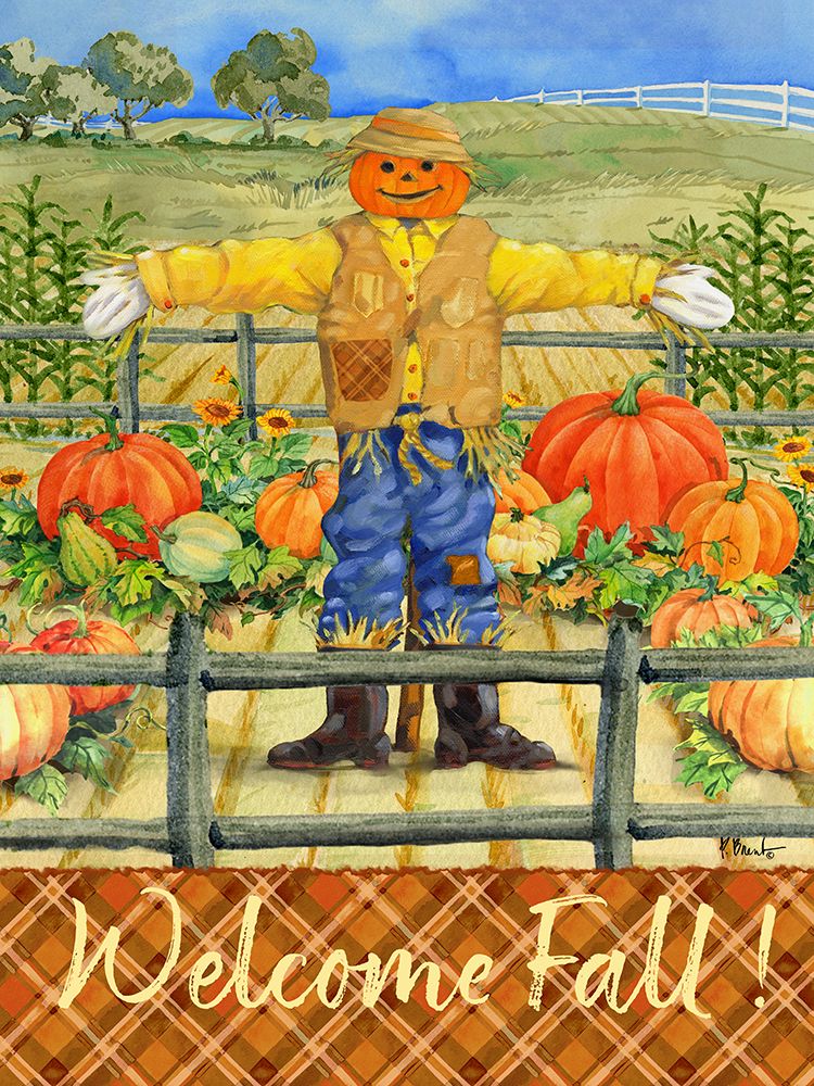 Scarecrow with Pumpkins Vertical art print by Paul Brent for $57.95 CAD