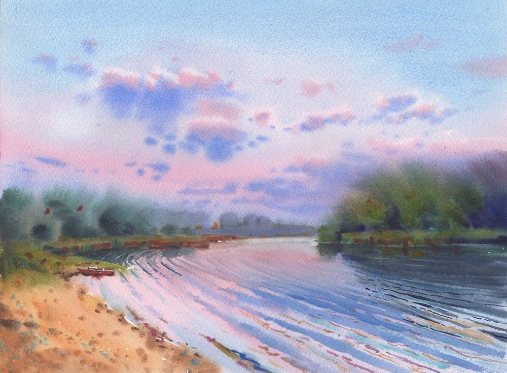 Watercolor landscape by the river art print by Samira Yanushkova for $57.95 CAD