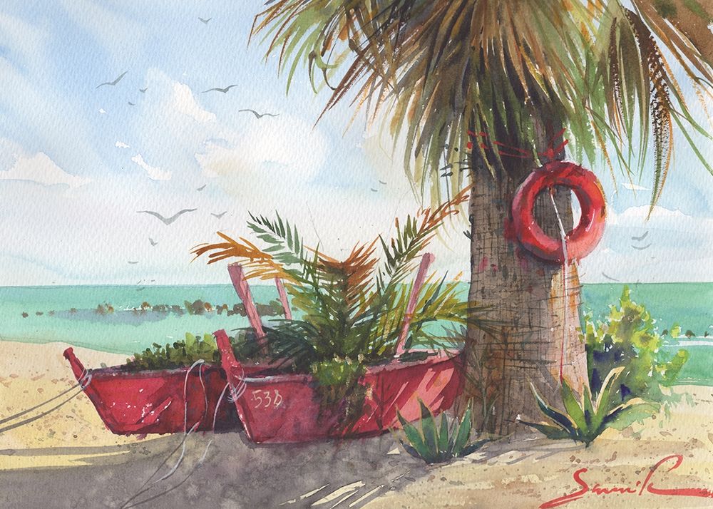 Boats near palm trees watercolor painting art print by Samira Yanushkova for $57.95 CAD