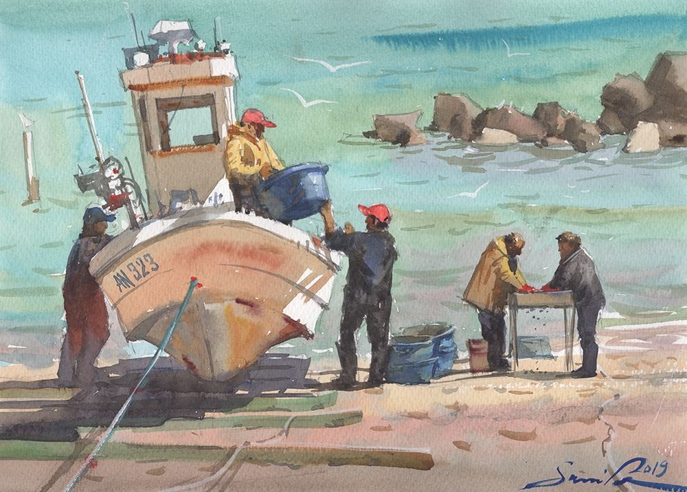 Boat with fishermen watercolor painting art print by Samira Yanushkova for $57.95 CAD