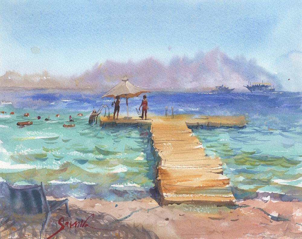 Swimming on the beach seascape art print by Samira Yanushkova for $57.95 CAD