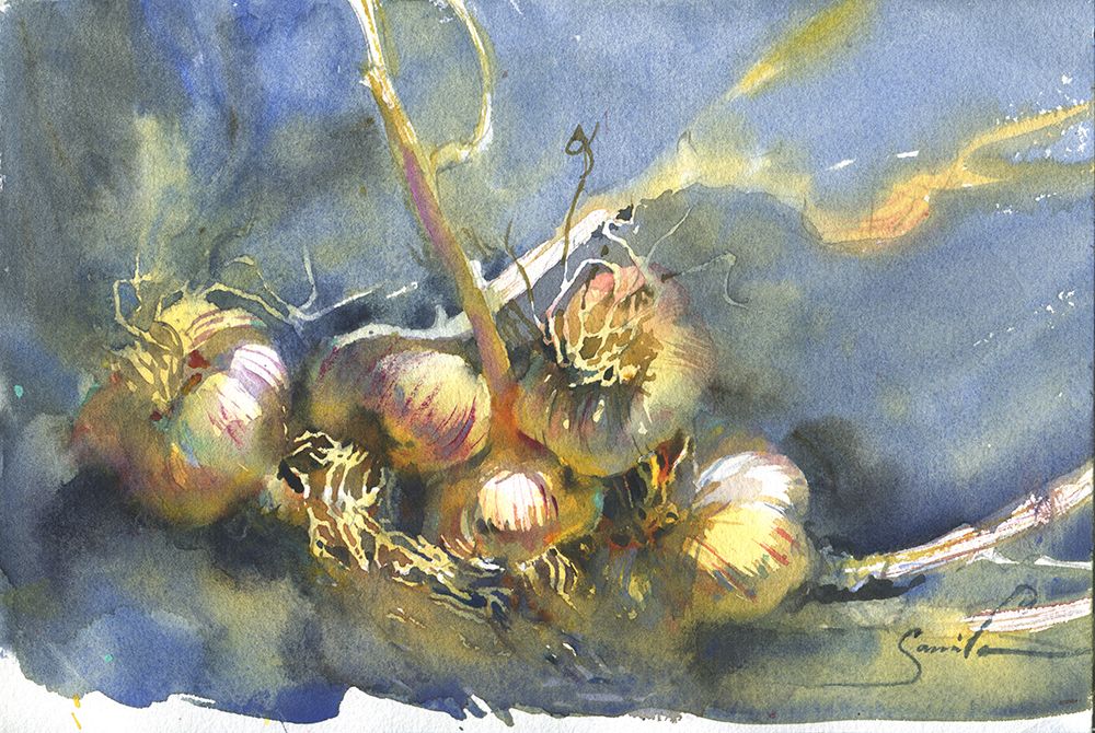 Still life painting watercolor Garlic art print by Samira Yanushkova for $57.95 CAD