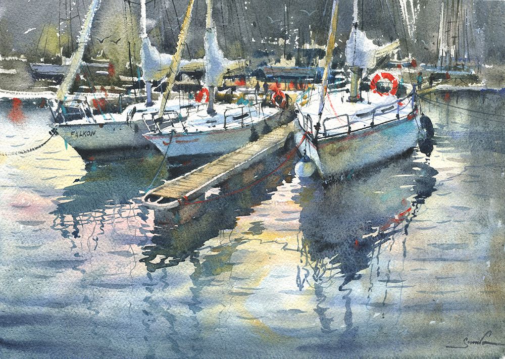 Yachts in the port. Watercolor aquarelle painting art print by Samira Yanushkova for $57.95 CAD