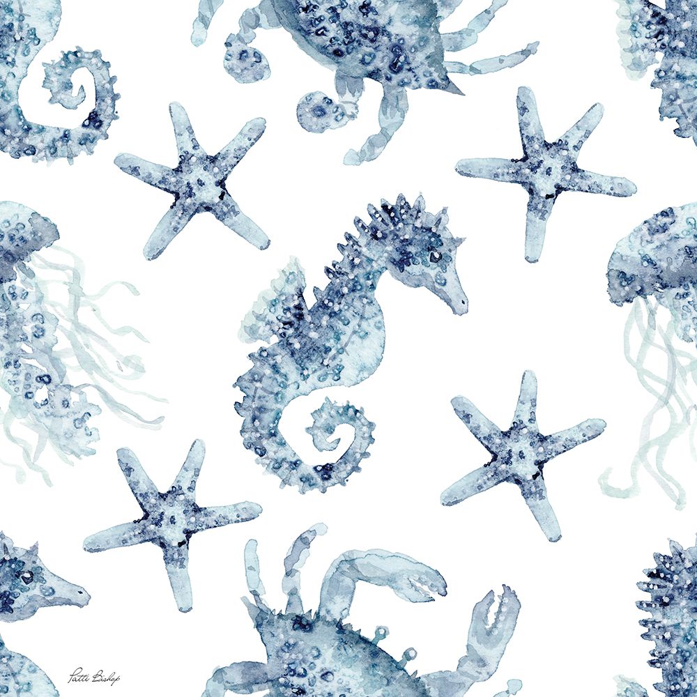 Blue Seahorse Starfish Pattern art print by Patti Bishop for $57.95 CAD