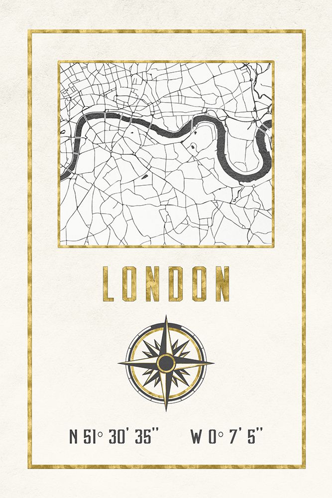London England Map Gold Vintage Compass and Coordinates art print by Nature Magick for $57.95 CAD