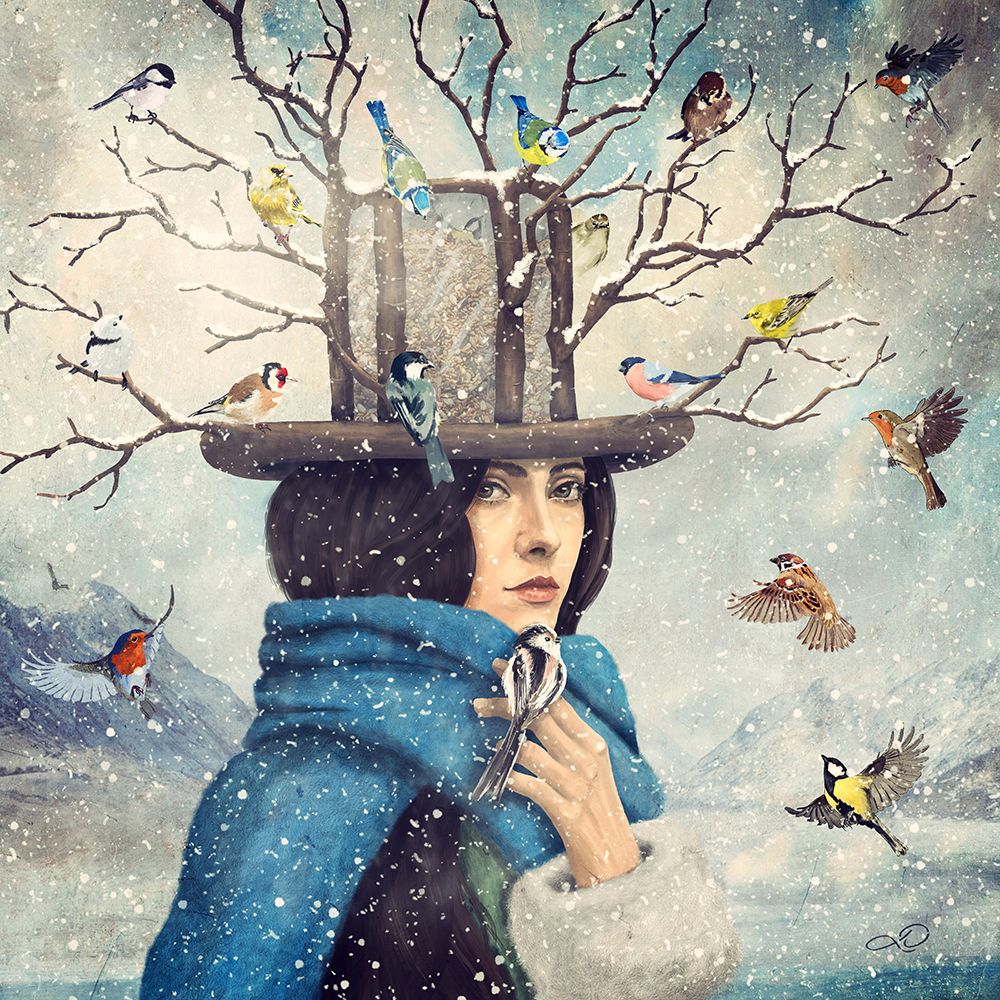 The Lady With The Bird Feeder Hat art print by Paula Belle Flores for $57.95 CAD