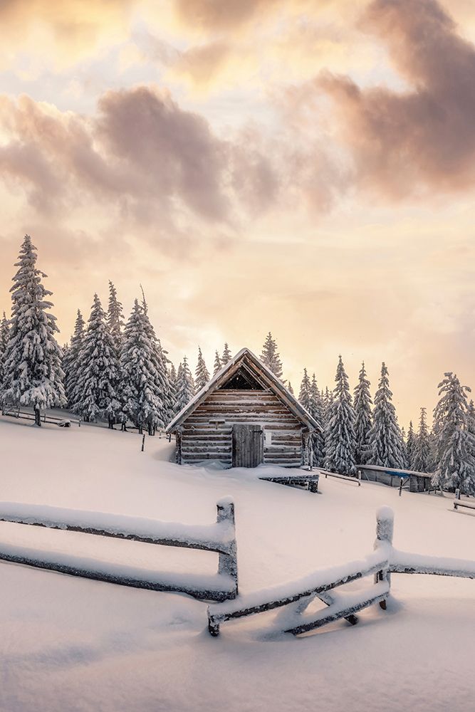 Snowy Cabin in the Woods art print by Incado for $57.95 CAD