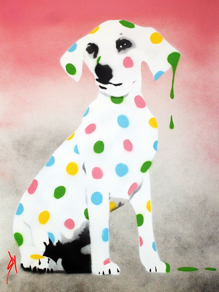 Damiens Dotty Spotty Dawg - Pink art print by Juan Sly for $57.95 CAD