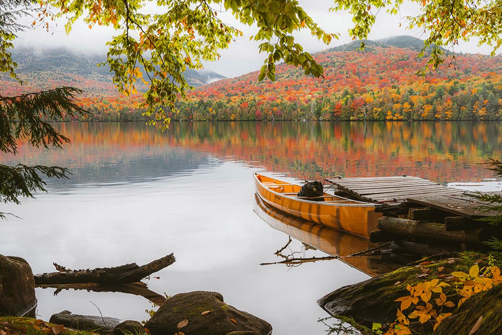 Autumn Morning on Lake Placid Dock with Canoe art print by Jonathan Zaharek for $57.95 CAD