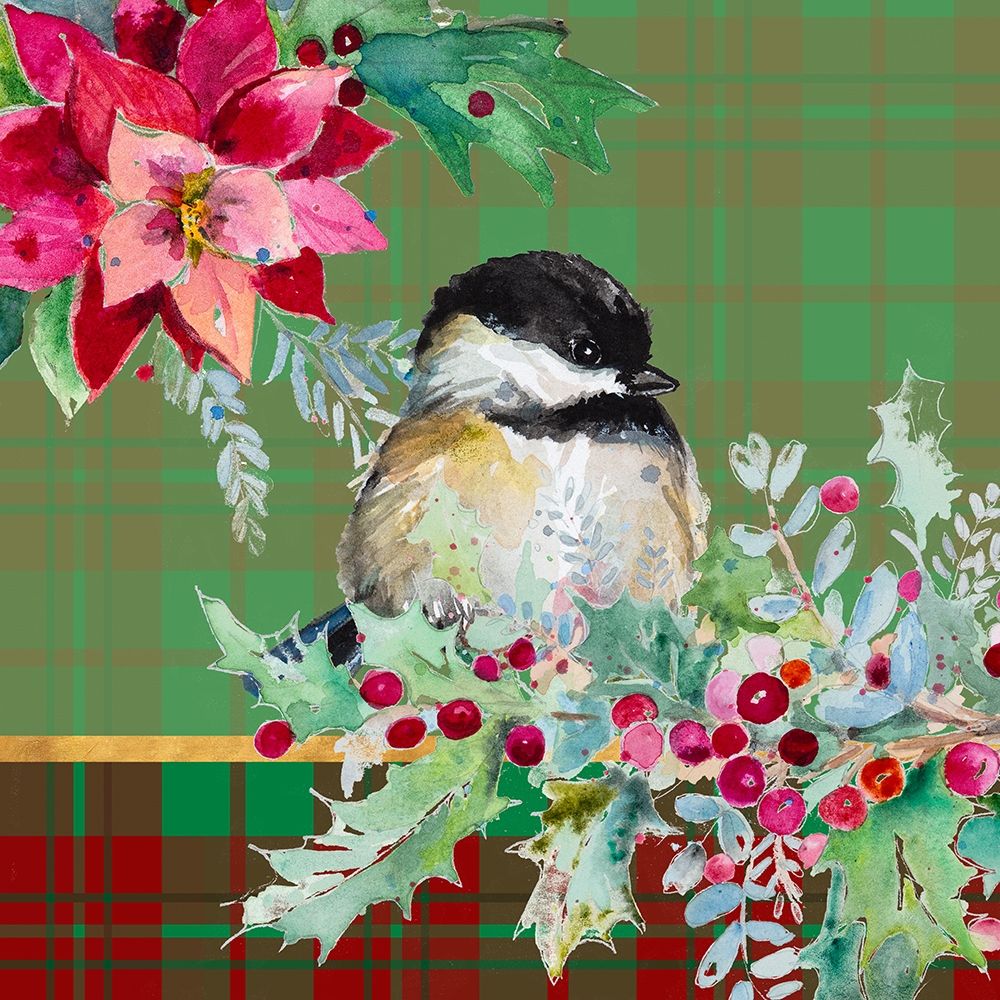 Holiday Poinsettia and Cardinal on Plaid II art print by Patricia Pinto for $57.95 CAD