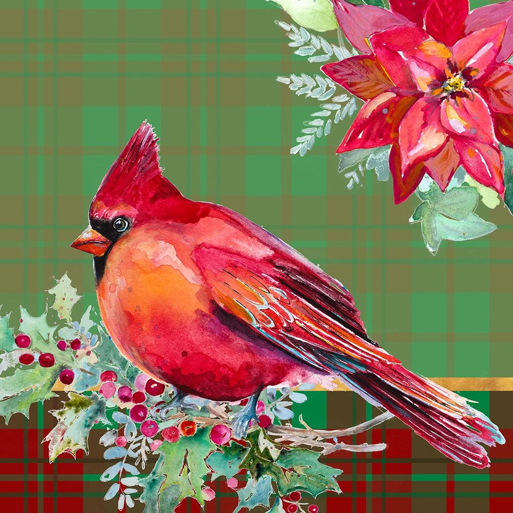 Holiday Poinsettia and Cardinal on Plaid I art print by Patricia Pinto for $57.95 CAD
