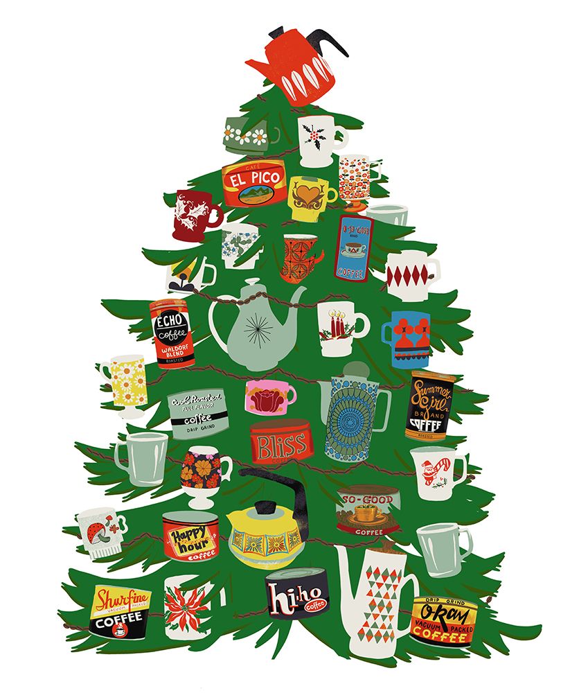 Retro Coffee Mug Christmas Tree art print by Jen Bucheli for $57.95 CAD