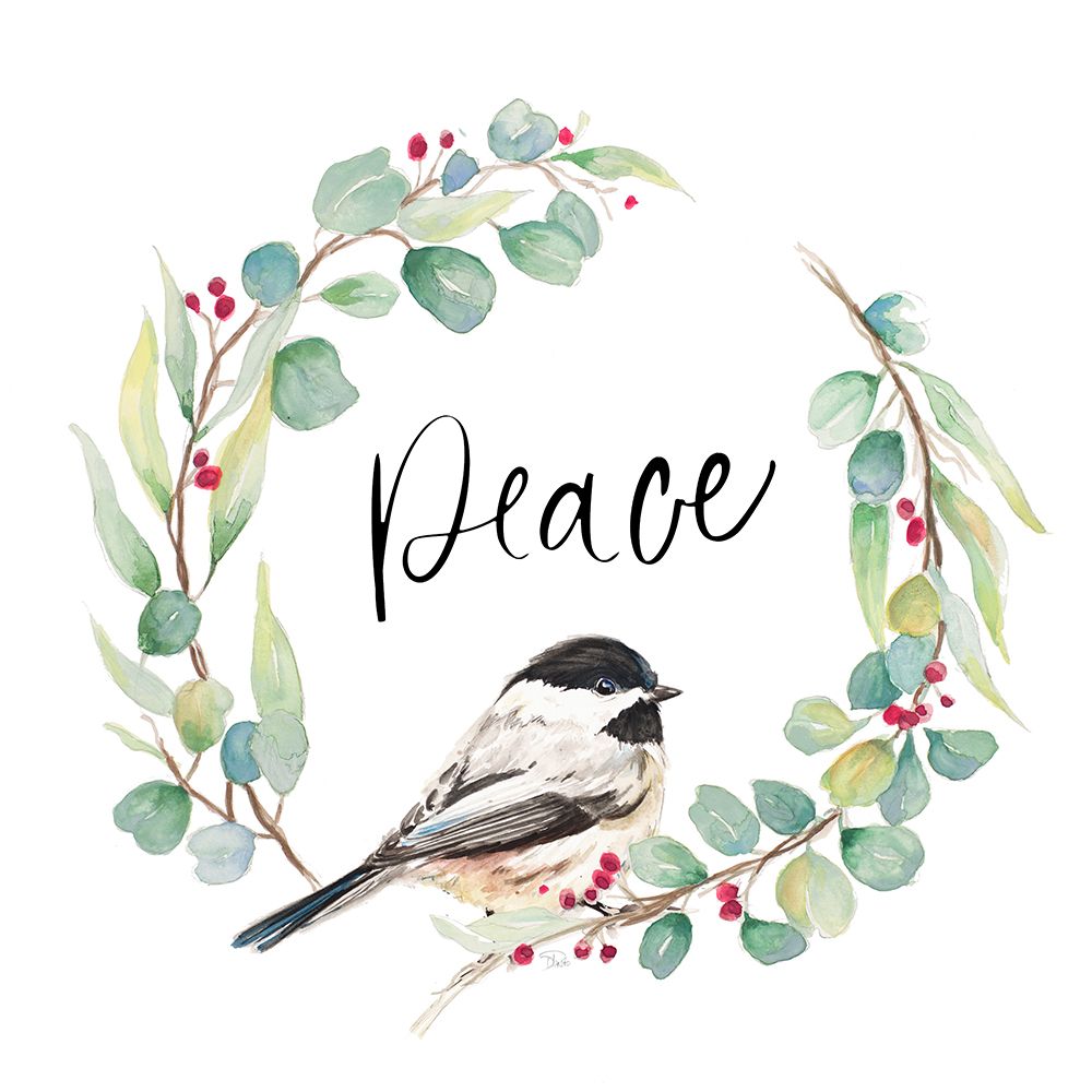 Peace Eucalyptus Wreath and Chickadee art print by Patricia Pinto for $57.95 CAD
