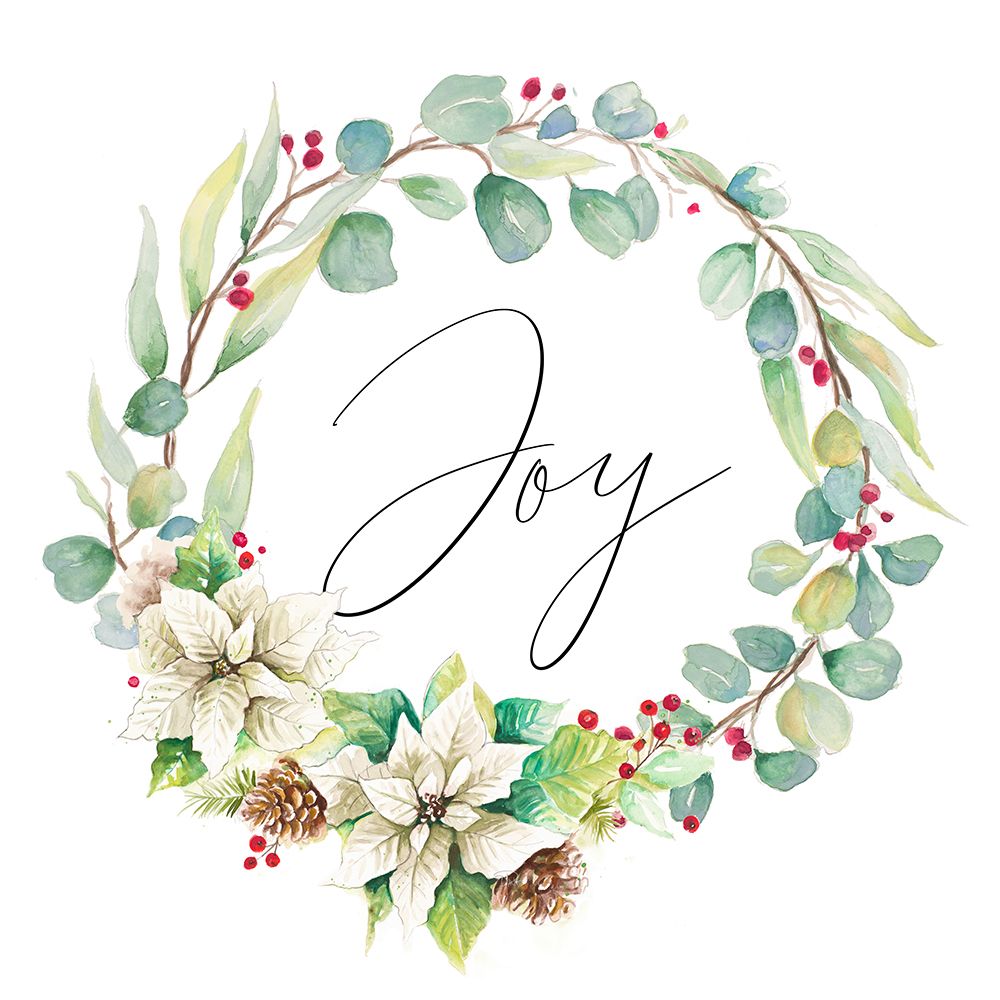 Joy Poinsettia and Eucalyptus Wreath art print by Patricia Pinto for $57.95 CAD