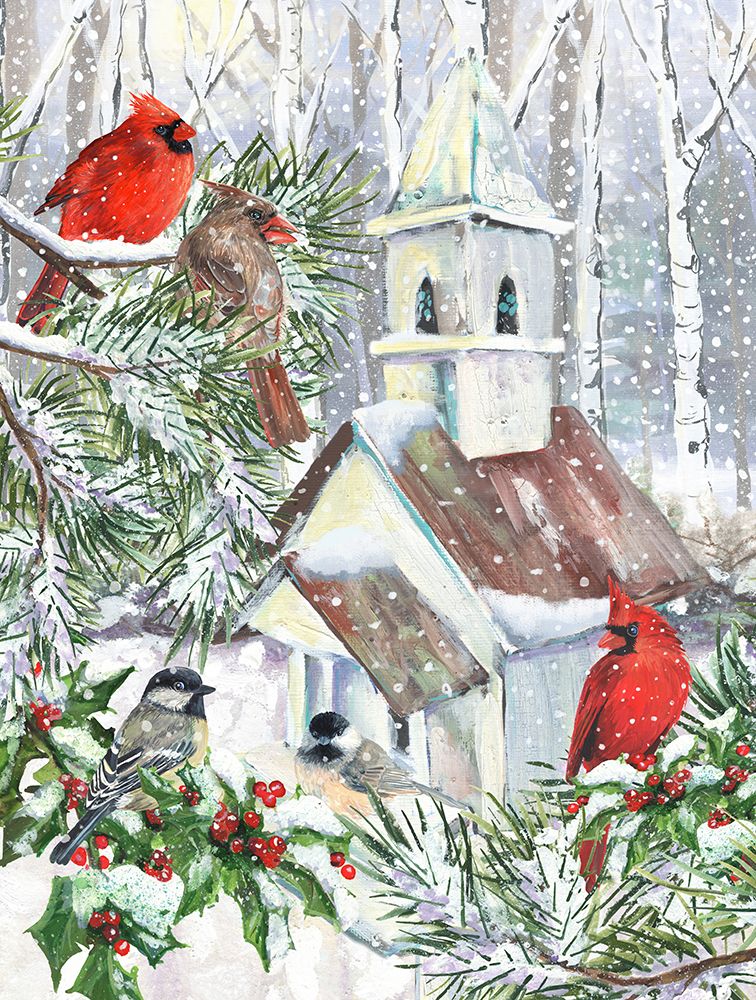 Holiday Cardinals and Church art print by Erica Christopher for $57.95 CAD