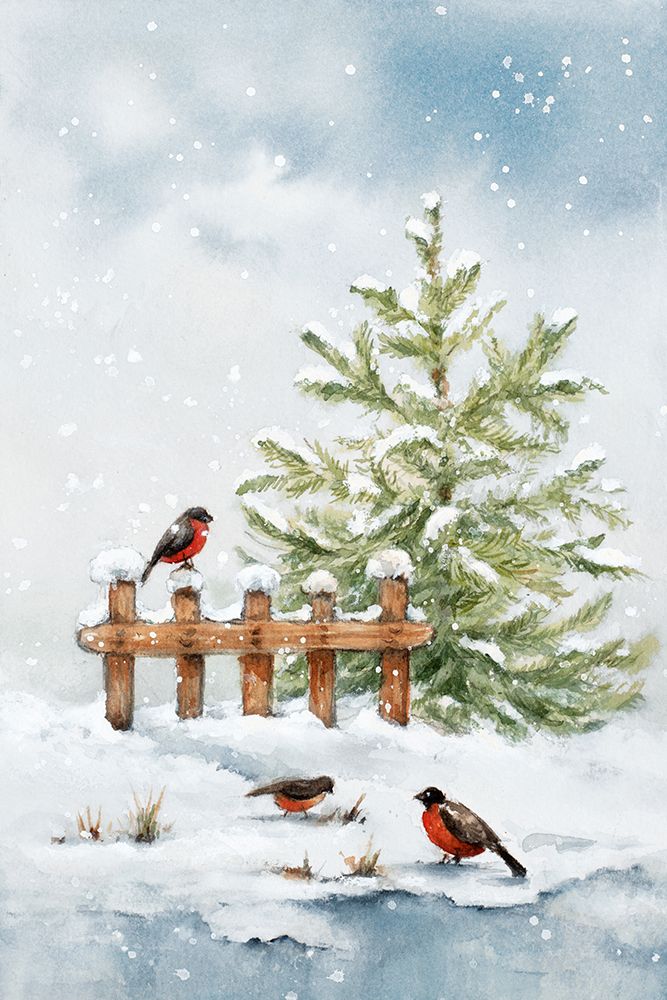 Snowy Fir Tree and Birds art print by Lanie Loreth for $57.95 CAD