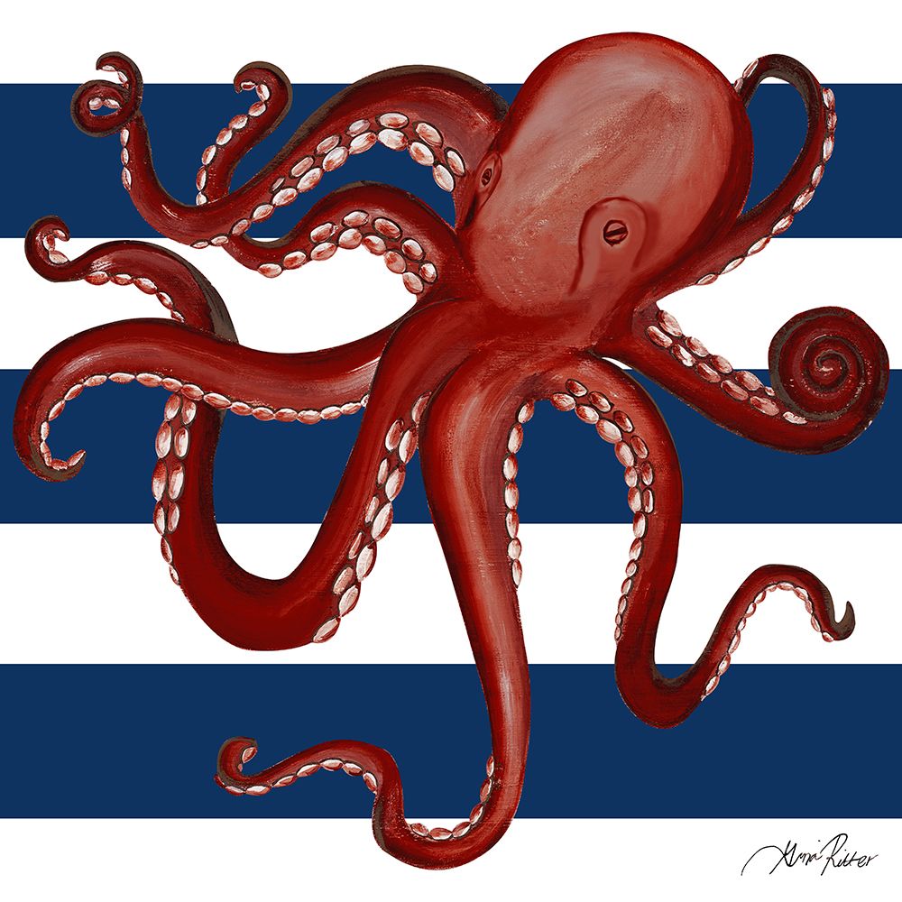 Red Octopus on Navy Stripes art print by Gina Ritter for $57.95 CAD