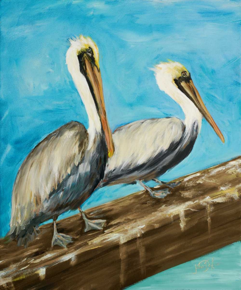 Two Pelicans on Dock Rail art print by Julie DeRice for $57.95 CAD