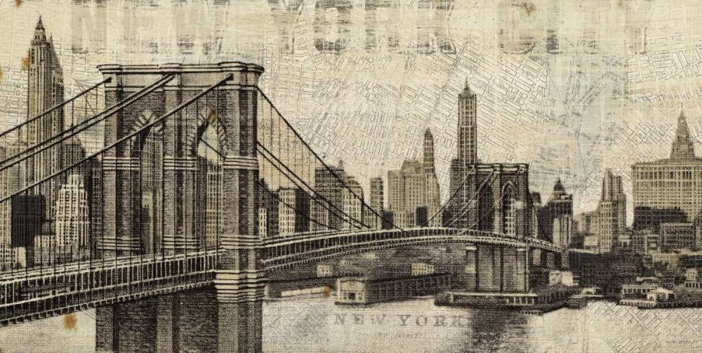 Vintage NY Brooklyn Bridge Skyline art print by Michael Mullan for $57.95 CAD