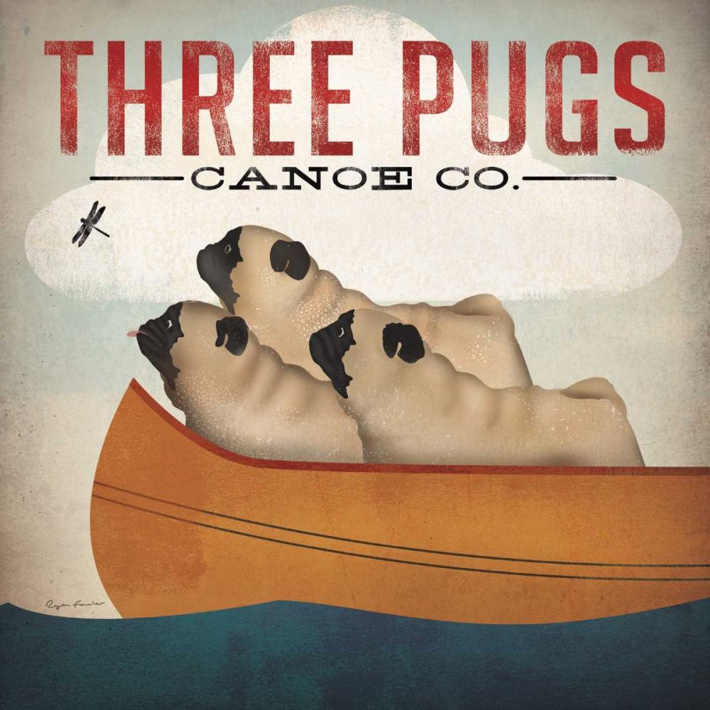 Three Pugs in a Canoe v art print by Ryan Fowler for $57.95 CAD
