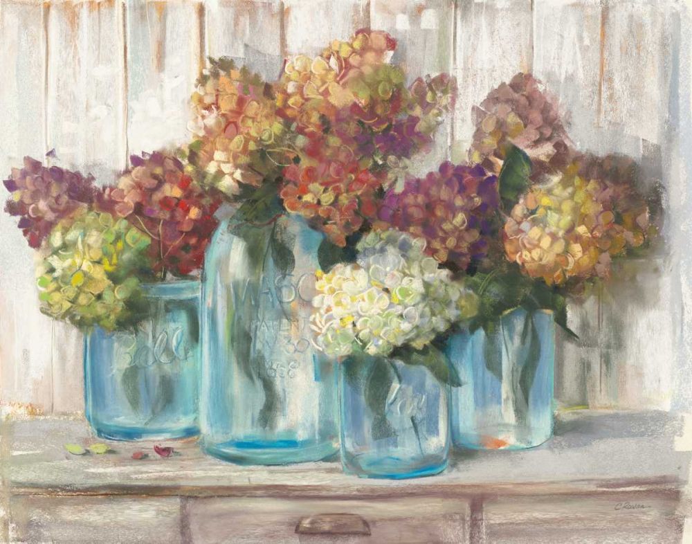 Hydrangeas in Glass Jars White Wood art print by Carol Rowan for $57.95 CAD