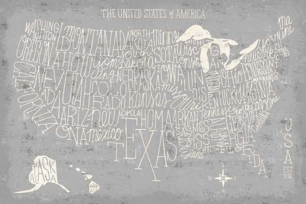 Hand Lettered USA Map Gray art print by Michael Mullan for $57.95 CAD