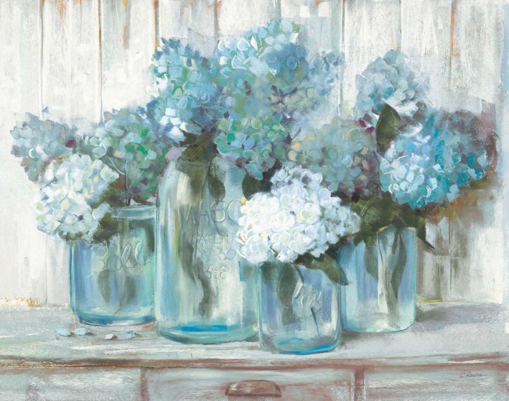 Hydrangeas in Glass Jars Blue art print by Carol Rowan for $57.95 CAD