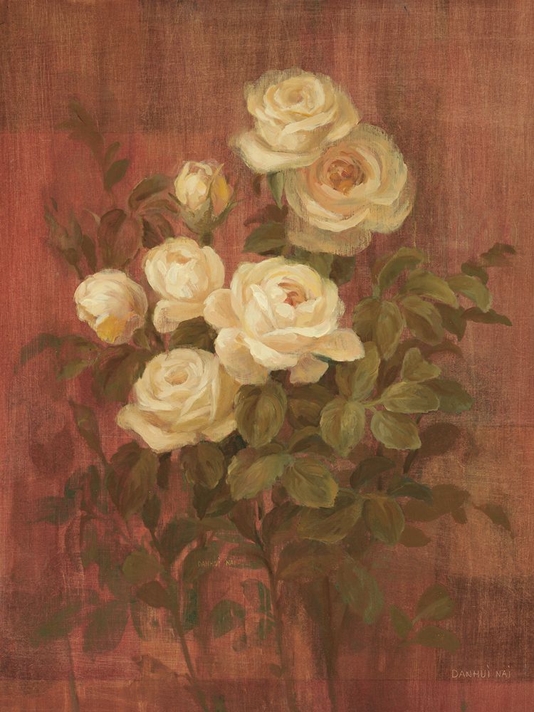 Peach Roses on Red I art print by Danhui Nai for $57.95 CAD