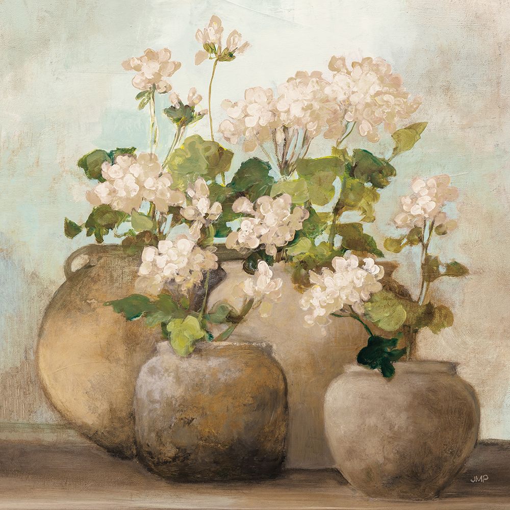 White Cottage Geraniums Sq art print by Julia Purinton for $57.95 CAD