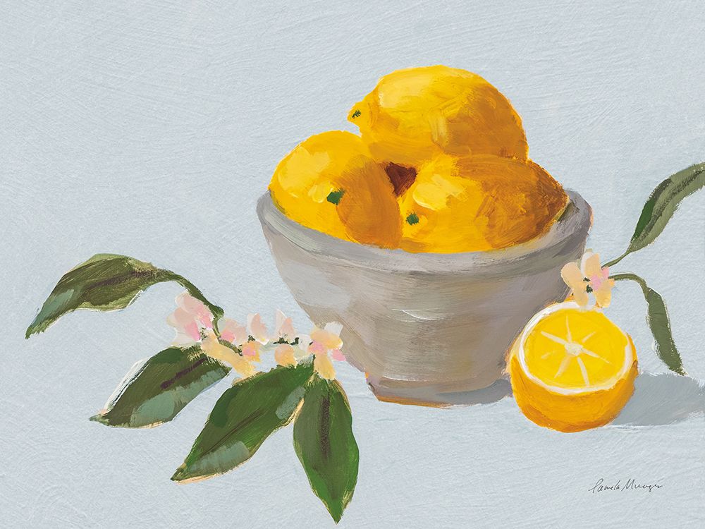 Lemons in Grey Bowl Blue Texture art print by Pamela Munger for $57.95 CAD