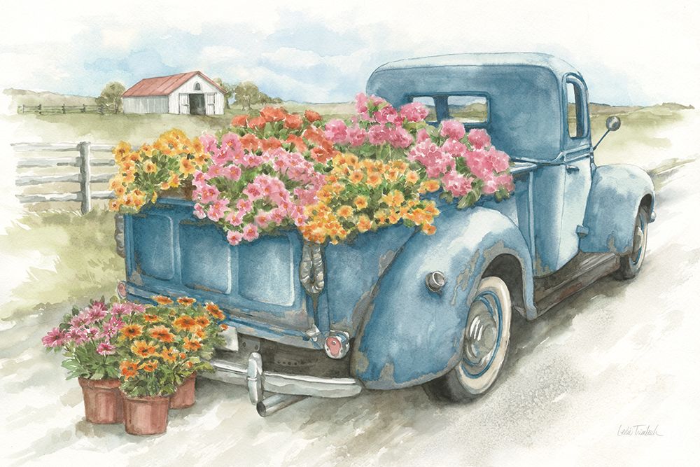 Truck with Flowers on Blue art print by Leslie Trimbach for $57.95 CAD