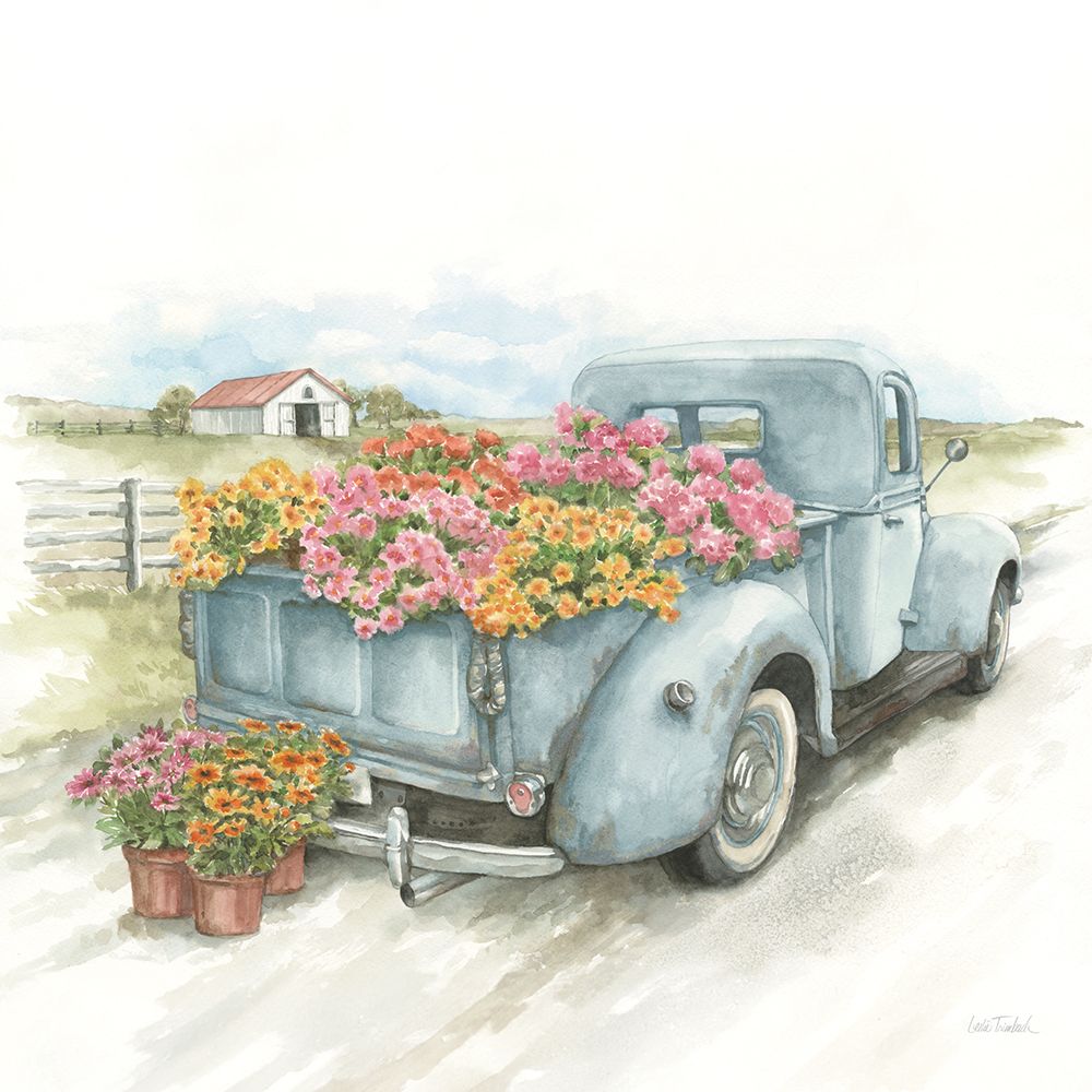 Truck with Flowers on Blue Sq art print by Leslie Trimbach for $57.95 CAD