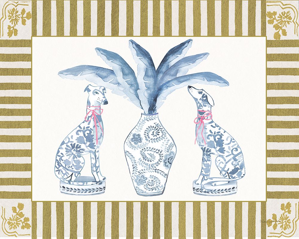 Chinoiserie Dogs I Gold Stripe art print by Mercedes Lopez Charro for $57.95 CAD