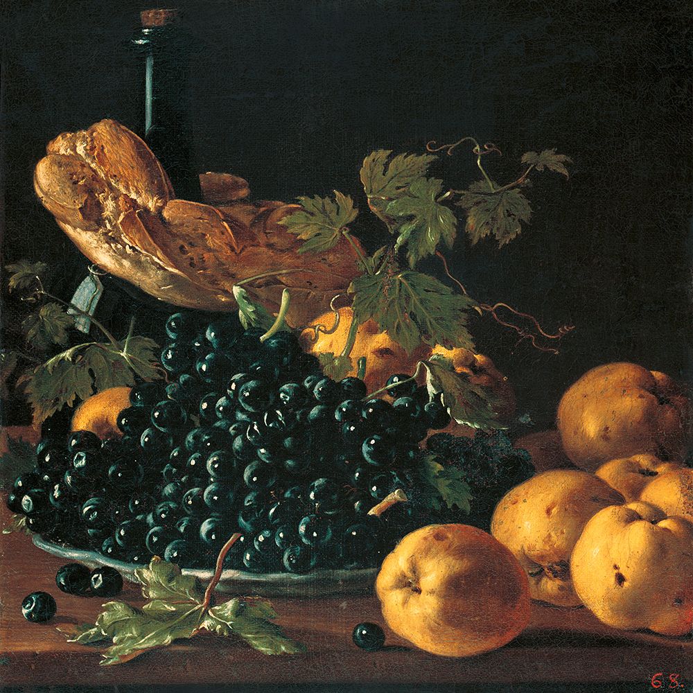 Still Life with Bread, Apples, Grapes and a Bottle, c. 1771 art print by Luis Egidio Melendez for $57.95 CAD