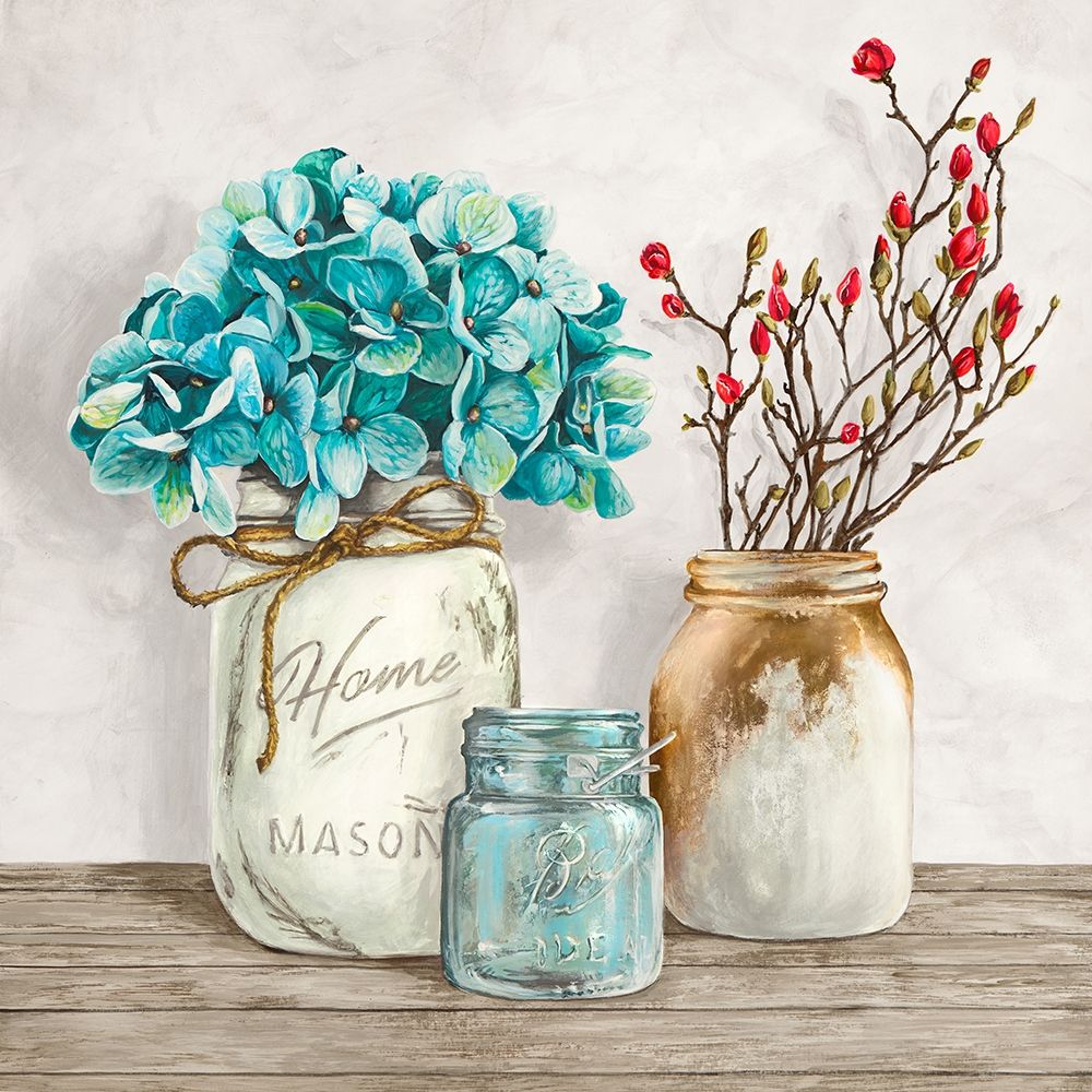 Floral composition with Mason Jars I art print by Jenny Thomlinson for $57.95 CAD