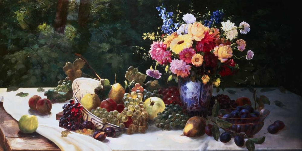 Vase of Flowers and Fruit on a Draped Table art print by Adam Burghardt for $57.95 CAD