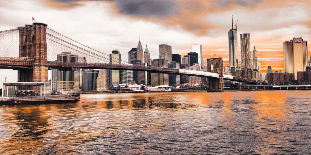 Brooklyn Bridge and Lower Manhattan at sunset, NYC art print by Pangea Images for $57.95 CAD