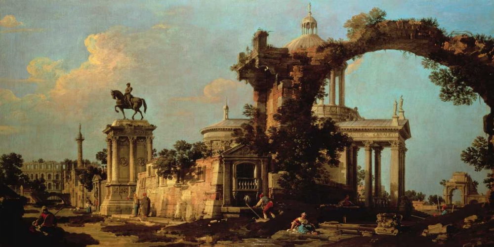 Capriccio of Roman Ruins with a Renaissance Church art print by Canaletto for $57.95 CAD