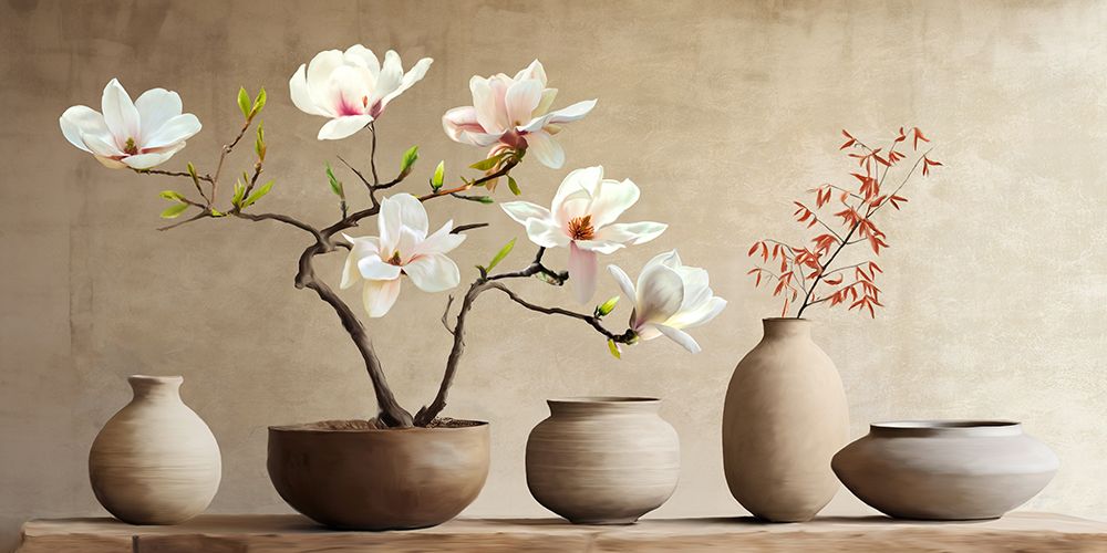 Vases and Magnolia Branch art print by Remy Dellal for $57.95 CAD