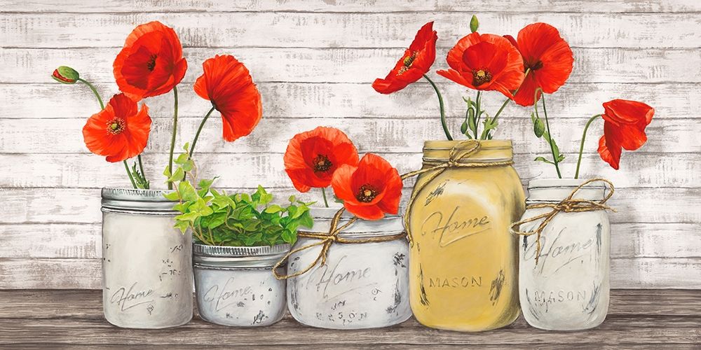 Poppies in Mason Jars art print by Jenny Thomlinson for $57.95 CAD