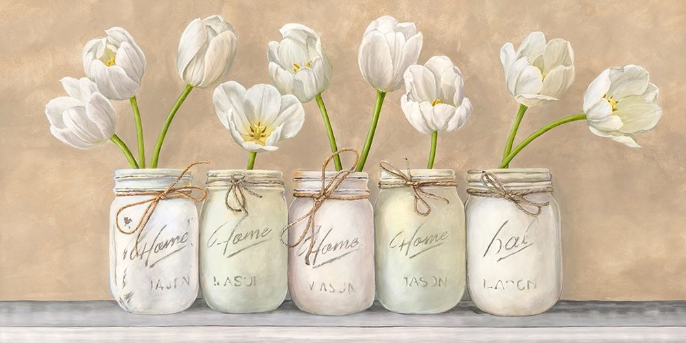 White Tulips in Mason Jars art print by Jenny Thomlinson for $57.95 CAD