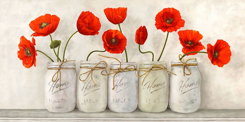 Red Poppies in Mason Jars art print by Jenny Thomlinson for $57.95 CAD