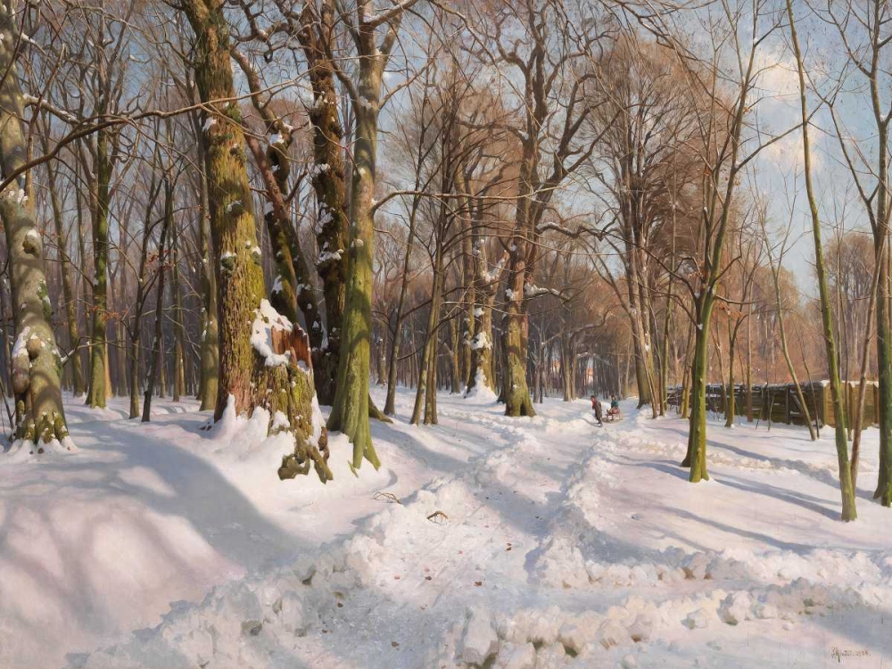 Snowy forest road in sunlight art print by Peder Mork Monsted for $57.95 CAD