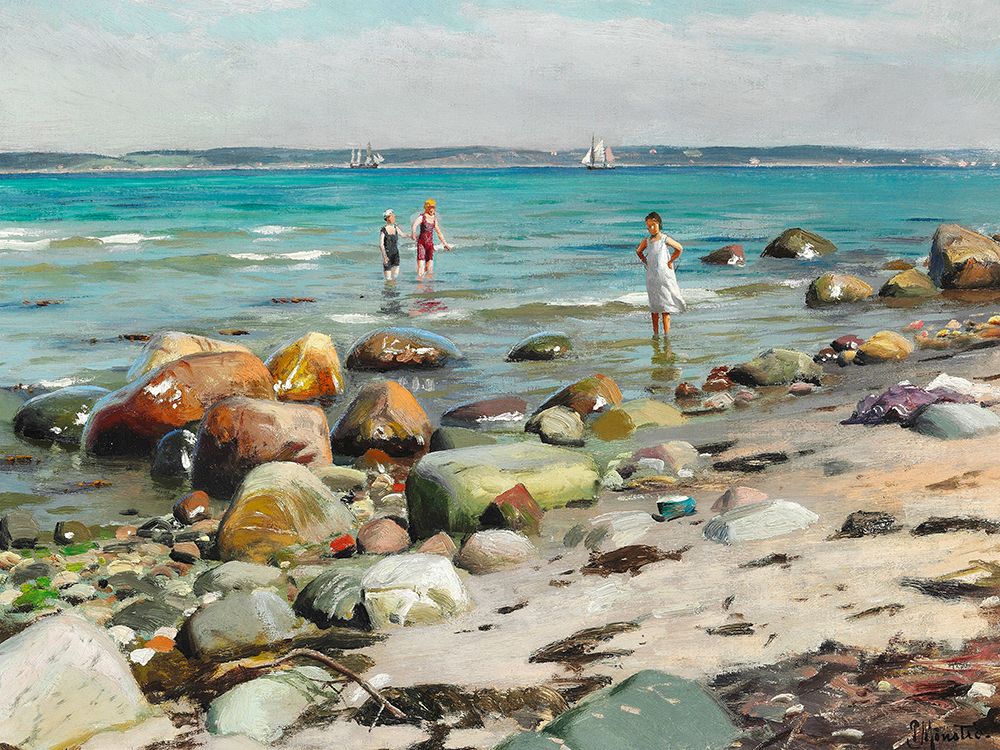 Young women bathing at the beach at Alsgarde, 1921 art print by Peder Mork Monsted for $57.95 CAD