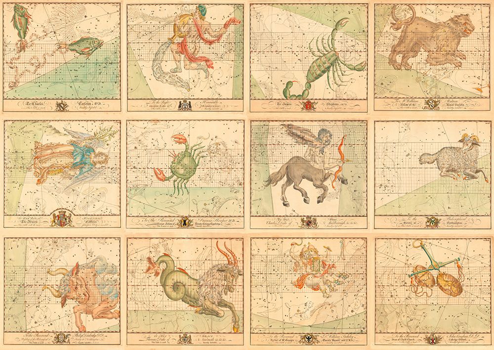 Star charts of the signs of the Zodiac art print by John Bevis for $57.95 CAD