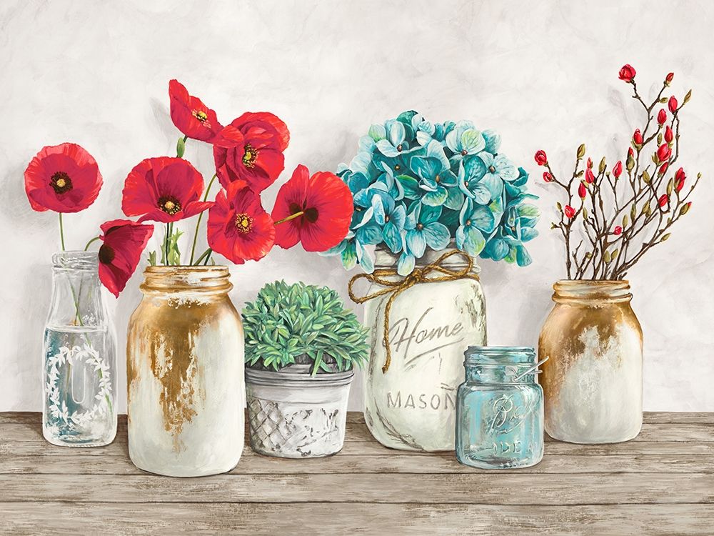 Floral composition with Mason Jars art print by Jenny Thomlinson for $57.95 CAD