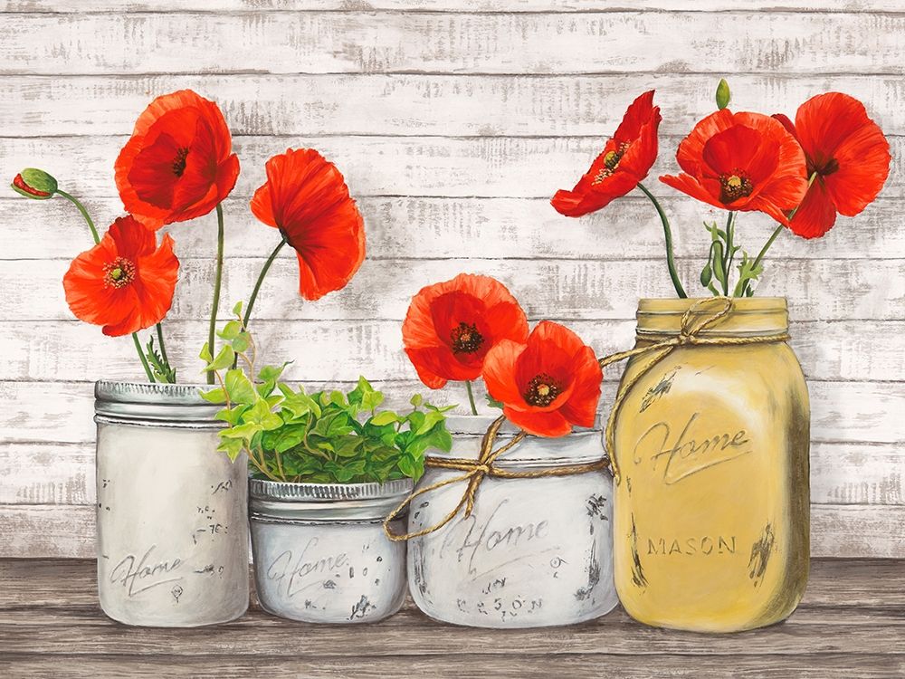 Poppies in Mason Jars (detail) art print by Jenny Thomlinson for $57.95 CAD