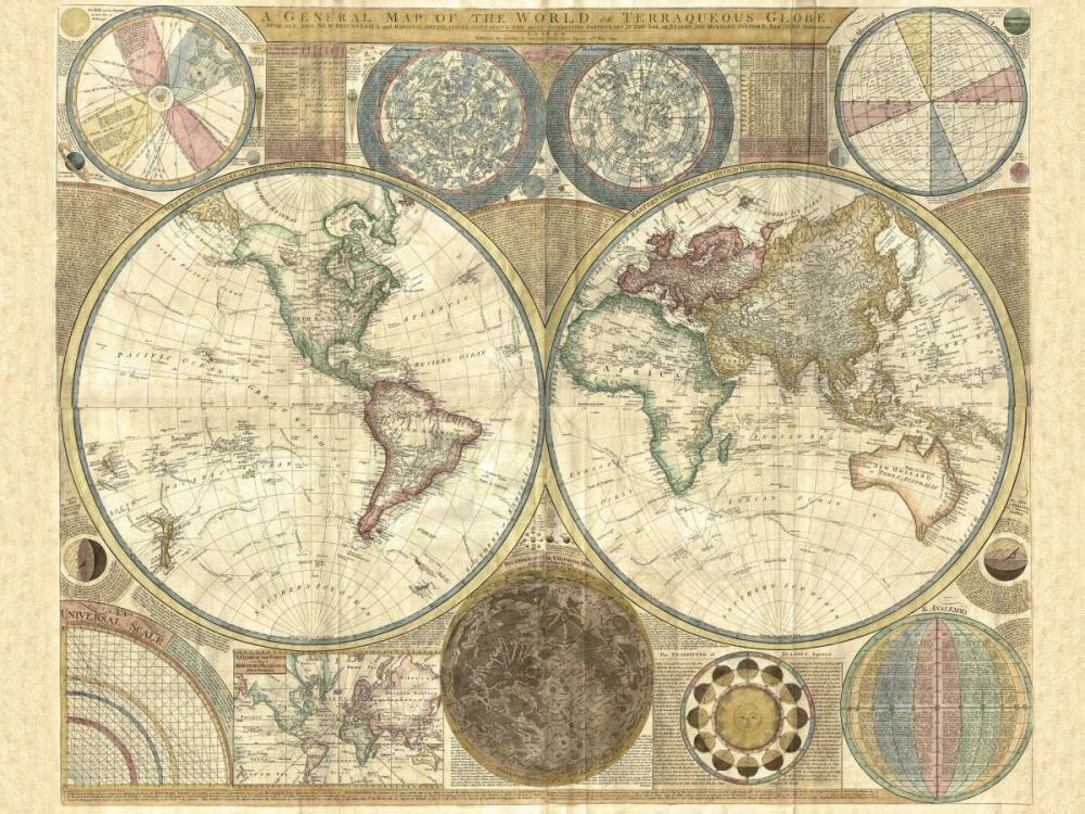 Double hemisphere map of the world 1794 art print by Samuel Dunn for $57.95 CAD