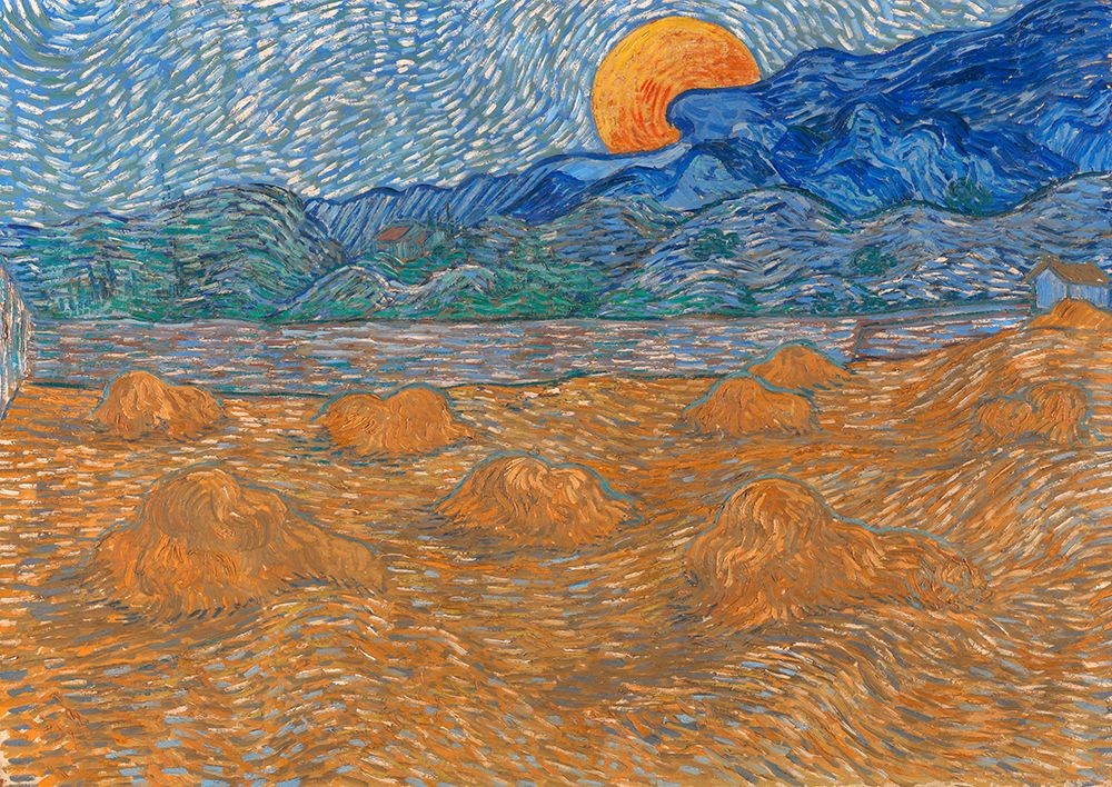 Landscape with wheat sheaves and rising moon, 1889 art print by Vincent van Gogh for $57.95 CAD